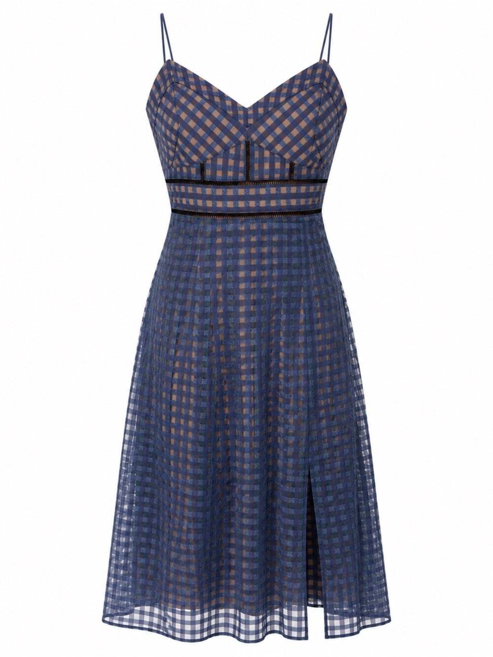 Roselani Navy Blue Tan Gingham Plaid Ladder Lace Cutout Midi Dress Size S‎ Boho